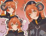  1girl ? black_hat black_horns blush bonbonnieees character_name curled_horns dragon_girl dragon_horns dress green_eyes hair_between_eyes hat highres horns long_hair mechanical_horns mechanical_tail multiple_views orange_hair orange_pupils orphie_magnusson pointy_ears tail twintails upper_body zenless_zone_zero zipper_dress 