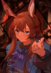  1girl absurdres amiya_(arknights) animal_ear_fluff animal_ears arknights ascot black_jacket blue_choker blue_eyes blue_jacket choker civilight_eterna_(arknights) commentary_request diamond-shaped_pupils diamond_(shape) hair_between_eyes highres jacket jewelry long_hair looking_at_viewer mu_lin_di multiple_rings open_clothes open_jacket originium_(arknights) outstretched_arm purple_ascot rabbit_ears rabbit_girl rabbit_tail rhodes_island_uniform ring shirt sidelocks smile solo symbol-shaped_pupils tail two-sided_fabric two-sided_jacket white_shirt 