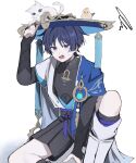  1boy 77_tarte animal_on_head armor between_legs bird bird_on_head black_bodysuit black_bow black_bridal_gauntlets black_hair black_shorts blue_cape blue_gem blue_hat blue_jingasa blue_kimono blue_sleeves blunt_ends bodysuit bow bridal_gauntlets cape cat cat_on_head commentary covered_collarbone feathers finch furisode gem genshin_impact gold gold_ring hand_between_own_legs hand_up hat highres japanese_armor japanese_clothes jingasa juban kimono knee_up kote kurokote layered_sleeves leg_warmers looking_at_viewer male_focus mandarin_collar middle_ring on_head open_clothes open_kimono open_mouth pom_pom_(clothes) purple_eyes purple_sash sash scaramouche_(genshin_impact) short_sleeves shorts shoulder_peek side_cape sitting solo sweatdrop tassel teeth tongue tsurime wanderer_(genshin_impact) white_background white_bird white_cat white_kimono white_leg_warmers white_sleeves white_trim wispy_bangs wolf_cut yellow_feathers 