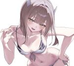  1girl atlanta_(kancolle) atlanta_(kancolle)_(cosplay) atlanta_(swimsuit)_(kancolle) bikini breasts brown_eyes brown_hair commentary_request cosplay front-tie_bikini_top front-tie_top grey_bikini hand_on_own_hip headgear highres kantai_collection l_meet layered_bikini leaning_forward navel short_hair short_hair_with_long_locks side-tie_bikini_bottom simple_background small_breasts solo strap_pull swimsuit taihou_(kancolle) white_background 