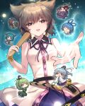  6+girls :3 ^_^ animal_ears black_hat blonde_hair blue_dress blue_hair blush bracelet breasts broom chibi chibi_inset cleavage closed_eyes commentary_request dog_ears dog_girl dog_tail dress earmuffs futatsuiwa_mamizou ghost_tail green_dress green_eyes green_hair grey_eyes grey_hair hands_in_opposite_sleeves hat highres holding holding_broom japanese_clothes jewelry kaku_seiga kariginu kasodani_kyouko large_breasts leaf leaf_on_head looking_at_viewer medium_hair miyako_yoshika mononobe_no_futo multiple_girls neck_ribbon ofuda ofuda_on_clothes open_mouth orange_eyes pointy_hair purple_hair purple_hat purple_ribbon purple_skirt raccoon_ears raccoon_girl raccoon_tail red_shirt ribbon ribbon-trimmed_sleeves ribbon_trim ritual_baton shirt short_hair skirt sleeveless sleeveless_shirt smile soga_no_tojiko tail tate_eboshi ten_desires touhou toyosatomimi_no_miko unime_seaflower wide_sleeves 