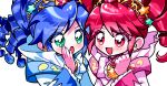  2girls :d :o absurdres bell_sleeves blue_dress blue_hair blue_nails blush bow chest_bow commentary compact_(cosmetics) cosmetics crest dress drill_hair earrings face-to-face fine_(fortune_princess)_(futagohime) fine_(futagohime) frilled_dress frilled_sleeves frills fushigiboshi_no_futago_hime glint gold_tiara green_eyes hair_between_eyes hair_ornament hand_to_own_mouth high_collar highres jewelry long_hair long_sleeves looking_at_another magical_girl multiple_girls no_ahoge open_mouth pink_dress print_dress red_eyes red_hair rein_(fortune_princess)_(futagohime) rein_(futagohime) ringlets siblings simple_background sisters smile star_(symbol) star_earrings star_hair_ornament sunny_luce supportasse swept_bangs tiara twin_drills twins upper_body white_background white_bow zzibung32 