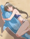  1girl ^_^ absurdres ass bare_arms bare_legs bare_shoulders barefoot beach bell bikini blue_bikini blush braid breasts brown_hair closed_eyes commentary_request dolphin fingernails hair_behind_ear hairband hanabusa_lisa highres hug inflatable_dolphin inflatable_toy long_hair lying medium_breasts on_side open_mouth riranokarinto sand solo swimsuit teeth thighs very_long_braid virtual_youtuber vspo! 
