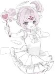  1girl alternate_costume blush bow choker commentary detached_wings doki_doki_literature_club dress eyelashes fang hair_bow hair_ornament hairclip halo heart_wand highres holding holding_wand kitty_17a magical_girl natsuki_(doki_doki_literature_club) open_mouth pink_hair short_hair simple_background skin_fang smile solo traditional_halo twintails wand white_background white_bow white_choker white_dress wings 