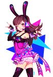  ;) alternate_costume animal_ears aryll_(marbles) bridal_gauntlets brown_hair bunny_ears closed_mouth commentary cosplay d.va_(overwatch) facial_mark headphones highres long_hair love_live! love_live!_school_idol_festival love_live!_school_idol_project one_eye_closed overwatch smile solo thighhighs whisker_markings yazawa_nico yazawa_nico_(cosplay) 