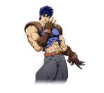  1boy abs alpha_transparency belt belt_buckle blue_eyes blue_hair brown_gloves buckle cowboy_shot crop_top fingerless_gloves gloves halftone halftone_background highres jojo_no_kimyou_na_bouken jojo_pose jonathan_joestar male_focus muscular muscular_male official_art orange_belt pectorals phantom_blood shoulder_pads smile solo transparent_background 