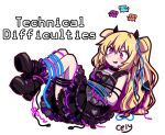  1girl animal_ears blonde_hair bound cable celysel cerber_(vtuber) commentary dazed dog_ears dress english_commentary ethernet_cable fang horns long_hair minawan original purple_dress purple_eyes solo tail technical_difficulties tied_up_(nonsexual) usb_cable virtual_youtuber 