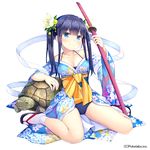  absurdres arm_support arm_up bangs bare_shoulders black_hair blue_eyes blush breasts cleavage collarbone company_name eyebrows eyebrows_visible_through_hair floral_print flower full_body hair_flower hair_ornament highres holding holding_weapon japanese_clothes kimono long_hair looking_at_viewer medium_breasts namaru_(summer_dandy) official_art ribbon sandals sash simple_background sitting smile socks solo strap sword turtle twintails unmei_no_clan_battle wariza weapon white_background 