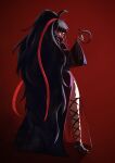 1girl absurdres ahoge animal artist_name azami_(kagerou_project) black_hair black_ribbon black_robe black_shoes blunt_bangs brush_stroke commentary covered_mouth from_behind full_body hair_ribbon hand_up heel_up high_collar high_ponytail highres holding holding_animal holding_snake hsuwen_ruru kagerou_project leg_ribbon long_hair long_sleeves looking_at_viewer looking_back ponytail red_background red_eyes red_ribbon ribbon robe scales shoes side_slit sidelighting sideways_glance signature simple_background skirt slit_pupils snake solo standing turning_head very_long_hair watermark white_skirt wide_sleeves yellow_pupils 