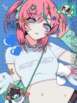  +_+ absurdres aqua_streaks aria_(human)_(zenless_zone_zero) aria_(zenless_zone_zero) arm_warmers bag bandaged_arm bandages bead_necklace beads blue_eyes breasts clothes_writing commentary_request english_text gloves hair_ornament hair_ribbon hairclip headphones highres jewelry lowleg lowleg_pants medium_breasts multicolored_hair multiple_hairclips nangong_yu navel navel_piercing necklace pants piercing pink_gloves ribbon ring shoulder_bag sticker sticker_on_face streaked_hair striped_arm_warmers sunna_(zenless_zone_zero) tank_top thumb_ring twintails uumi_hinata zenless_zone_zero 