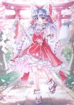  1girl animal_ear_fluff animal_ears ascot black_sandals bloomers bow breasts commentary_request detached_sleeves fox_ears fox_girl fox_tail frilled_bow frilled_hair_tubes frilled_skirt frills gohei hair_bow hair_tubes hakurei_reimu highres holding holding_gohei kemonomimi_mode leg_up long_hair looking_at_viewer miy_001 open_mouth pink_ascot pink_eyes purple_hair red_bow red_skirt ribbon-trimmed_sleeves ribbon_trim sandals skirt skirt_set small_breasts smile socks solo tabi tail torii touhou white_bloomers white_socks 