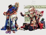  2boys aether_(genshin_impact) ahoge armor belt black_belt black_bridal_gauntlets black_gloves black_pants black_shirt black_shorts black_sleeves blonde_hair blue_cape blue_hat blue_jingasa blue_sleeves book bridal_gauntlets calligraphy_brush cape closed_eyes closed_mouth commentary_request crop_top crystal_ball facing_another flying_sweatdrops full_body furisode genshin_impact gloves gold gold_trim hakama hakama_shorts half-closed_eyes hat holding holding_book japanese_armor japanese_clothes jingasa kimono kote kurokote layered_sleeves light_blush looking_at_another midriff multiple_boys navel nervous_sweating open_book open_hand open_mouth oriiiiiiiiiiii outstretched_arm paintbrush pants pleated_shorts purple_hair purple_rope purple_sash rope sash scaramouche_(genshin_impact) scarf seiza shirt short_sleeves shorts side_cape sitting sweat tassel teeth upper_teeth_only vambraces wanderer_(genshin_impact) white_background white_kimono white_scarf white_sleeves white_trim 