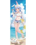  1girl absurdres alcohol animal_ear_fluff animal_ears arm_up asymmetrical_eyewear bare_shoulders bead_bracelet beads bikini blue_bikini blue_bow blue_hair blue_nails blue_sky bow bow_bikini bracelet braid breasts cherry cloud cloudy_sky commentary_request cumulonimbus_cloud cup day double-parted_bangs drink drinking_straw earclip eyewear_on_head fingernails flower food frilled_bikini frills fruit full_body halterneck head_tilt heart heart-shaped_eyewear highres hikimayu holding holding_cup holding_drink holding_swim_ring hololive innertube jewelry light_blush long_fingernails long_hair looking_at_viewer low_twin_braids multicolored_bikini multicolored_hair nail_polish navel ocean off-shoulder_bikini off_shoulder official_artist_extra open_mouth orange-tinted_eyewear orange_(fruit) orange_eyes orange_slice outdoors pillarboxed pink_flower rabbit-shaped_eyewear rabbit-shaped_pupils rabbit_ears rabbit_girl sample_watermark sand sandals short_eyebrows sidelocks sky small_breasts smile solo standing standing_on_one_leg stomach summer swim_ring swimsuit symbol-shaped_pupils teeth thick_eyebrows thigh_gap tinted_eyewear twin_braids two-tone_bikini two-tone_hair upper_teeth_only usada_pekora virtual_youtuber watermark white-framed_eyewear white_hair wristband yuuki_hagure 