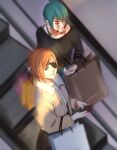  2girls bag commentary eyepatch green_hair highres jujutsu_kaisen kugisaki_nobara lumen_sky multiple_girls orange_hair red_eyes scar scar_on_face shopping_bag short_hair zen'in_maki zen'in_maki_(post-shibuya) 