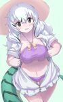  1girl ass_visible_through_thighs bikini blush boomslang_(kemono_friends) breasts commentary_request green_background green_eyes green_hair hat highres hood hoodie kemono_friends large_breasts long_hair looking_at_viewer lowlandgorilla navel ribbon simple_background snake_girl snake_tail solo swimsuit tail 