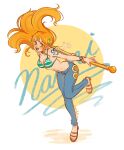  1girl absurdres bangle bare_shoulders bikini bikini_top_only blue_pants blush bracelet breasts brown_hair character_name cleavage clima-tact collarbone commentary denim earrings english_commentary floating_hair full_body gold_bangle green_bikini hair_ornament highres holding holding_staff jeans jewelry log_pose long_hair looking_at_viewer medium_breasts morilatte_art nami_(one_piece) one_piece open_mouth orange_hair pants pearl_earrings sandals shoulder_tattoo sidelocks solo staff standing standing_on_one_leg star_(symbol) star_hair_ornament stomach swimsuit tattoo 