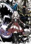  1girl aqua_neckerchief banette black_thighhighs brown_dress ceras_yanagida_lilienfeld closed_mouth commentary crossover dress dusknoir gengar grey_hair hair_ornament hasu_no_sora_school_uniform highres jellyfish_cut long_hair love_live! love_live!_hasu_no_sora_jogakuin_school_idol_club neckerchief orange-pengin painting_(medium) pink_ribbon pokemon pokemon_(creature) ribbon sailor_collar sailor_dress school_uniform sharpedo solo thighhighs traditional_media triangle_hair_ornament virtual_youtuber watercolor_(medium) white_sailor_collar winter_uniform 