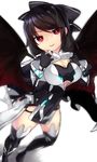  alternate_costume black_hair boots bow breasts cape cleavage fingerless_gloves gloves hair_bow highres large_breasts long_hair mikomo0106 red_eyes reiuji_utsuho smile solo thigh_boots thighhighs touhou underboob wings 