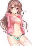  :p areola_slip areolae blush bow bow_panties breasts brown_eyes brown_hair cleavage closed_mouth cowboy_shot eyebrows eyebrows_visible_through_hair green_bow green_panties idolmaster idolmaster_cinderella_girls jacket large_breasts long_hair looking_at_viewer navel no_bra open_clothes open_jacket panties pink_jacket pink_legwear shimamura_uzuki simple_background smile solo standing stomach tareme thighhighs tongue tongue_out underwear unzipped white_background yuuyu zipper 