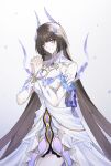  1girl absurdres blunt_bangs breasts bright_pupils brown_hair cleavage commentary crystal_shards detached_collar detached_sleeves dress earrings english_commentary female_dreamseeker_(honkai_impact) hair_ornament headpiece highres honkai_(series) honkai_impact_3rd jewelry leylah_(honkai_impact) looking_at_viewer official_alternate_eye_color official_alternate_hair_ornament own_hands_together petals seodam300 solo white_background white_dress 