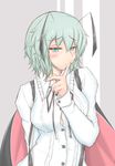  alternate_breast_size antennae aqua_eyes arm_behind_back blouse blush breasts buttons cape cheek_poking cube85 green_hair hair_between_eyes highres large_breasts lips long_sleeves looking_at_viewer poking short_hair solo suspenders touhou upper_body white_blouse wriggle_nightbug 