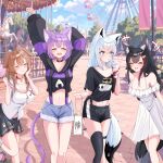  +++ 4girls absurdres ahoge amusement_park animal_ear_fluff animal_ears arms_up bag bare_shoulders black_choker black_hair black_shirt black_shorts black_thighhighs blue_shorts blue_skirt blush braid breasts brown_hair cat_ears cat_girl cat_tail choker cleavage closed_eyes collarbone commentary_request dog_ears dog_tail dress drinking earrings ferris_wheel fox_ears fox_girl fox_tail green_eyes hair_between_eyes hair_ornament hairclip highres holding holding_bag hololive hololive_gamers inugami_korone jewelry leg_up long_hair medium_breasts midriff multicolored_hair multiple_girls navel nekomata_okayu ookami_mio open_mouth outdoors paw_print pentagram purple_hair purple_shirt red_hair shirakami_fubuki shirt short_shorts shorts sidelocks single_braid single_thighhigh siw_(siw_0208) skirt small_breasts smile streaked_hair sundress tail thigh_strap thighhighs virtual_youtuber white_dress white_hair white_shirt wolf_ears wolf_girl 