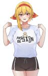  1girl absurdres blonde_hair blush breasts collarbone commentary cowboy_shot dolphin_shorts english_commentary hairband highres hololive hololive_indonesia ichiyaichimaru kaela_kovalskia large_breasts looking_at_viewer merchandise_available open_mouth print_shirt red_eyes red_hairband shirt short_hair_with_long_locks shorts solo straight-on virtual_youtuber white_background white_shirt 
