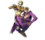  1boy 1other alpha_transparency blonde_hair cleavage_cutout clothing_cutout earrings figure_four_sitting giorno_giovanna gold_experience green_eyes halftone halftone_background highres jewelry jojo_no_kimyou_na_bouken male_focus official_art pectoral_cleavage pectorals sitting stand_(jojo) stud_earrings transparent_background vento_aureo victory_rolls 
