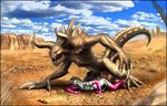  2016 animal_genitalia animal_penis anthro claws clothing cum deathclaw desert digital_media_(artwork) duo equine eyes_closed fallout feral gloves hi_res horn horse invalid_tag kaeldu legwear male mammal open_mouth outside penetration penis quillu rubber sand sky stockings stripes teeth video_games wasteland zebra 