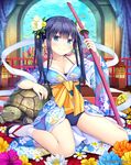  absurdres arm_support arm_up bangs bare_shoulders black_hair blue_eyes blush breasts cleavage collarbone company_name coral curtains eyebrows eyebrows_visible_through_hair fish floral_print flower full_body hair_flower hair_ornament highres holding holding_weapon japanese_clothes kimono long_hair looking_at_viewer medium_breasts namaru_(summer_dandy) official_art ribbon sandals sash sitting smile socks solo strap sword turtle twintails unmei_no_clan_battle wariza water weapon 