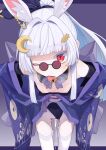  1girl absurdres animal_ear_fluff animal_ears bar_censor bell black_leotard blue_kimono breasts carrot_hair_ornament censored closed_mouth clothing_aside commission cowboy_shot crescent crescent_hair_ornament cross-shaped_pupils cum cum_in_pussy cumdrip detached_collar extra_ears food-themed_hair_ornament glasses hair_ornament highres japanese_clothes jingle_bell kimono leaning_forward leotard leotard_aside long_hair looking_at_viewer neck_bell ogami_kazuki one_eye_closed original pince-nez ponytail rabbit_ears rabbit_girl red-framed_eyewear red_eyes round_eyewear saliva skeb_commission small_breasts solo symbol-shaped_pupils thick_eyebrows thick_eyelashes thighhighs tongue tongue_out white_hair white_thighhighs yamanashi_kiwako_(ac8231) 