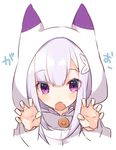  animal_hood bangs claw_pose emilia_(re:zero) eyebrows eyebrows_visible_through_hair fang hair_ornament hood hoodie looking_at_viewer open_mouth purple_eyes re:zero_kara_hajimeru_isekai_seikatsu sakofu silver_hair simple_background solo tareme upper_body white_background 