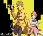  1boy 1girl black_pants brown_coat brown_eyes brown_hair coat copyright_name energy_gun gamon_yuuta highres holding holding_energy_gun holding_weapon key narusawa_ryouka occultic;nine open_mouth pants purple_eyes ray_gun science_adventure tagme thighhighs weapon white_thighhighs whiteduston yellow_coat zonko_(occultic;nine) 