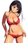  bikini bikini_pull black_hair breasts cleavage closed_mouth contrapposto cowboy_shot dark_skin grey_eyes head_tilt highres large_breasts long_hair looking_at_viewer matsunaga_kouyou original pulled_by_self red_bikini simple_background smile solo standing swimsuit tan tareme wet wet_hair white_background 