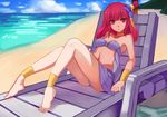  ankle_cuffs anklet barefoot beach bikini collar feet flower hair_flower hair_ornament jewelry long_hair looking_at_viewer magi_the_labyrinth_of_magic morgiana navel ocean outdoors pleated_skirt purple_bikini purple_flower purple_skirt red_eyes red_hair ryuuno6 sitting skirt solo strapless strapless_bikini swimsuit 