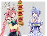  2girls ahoge animal_ears black_skirt blue_dress blue_hair braid commentary cow_ears cow_horns dagwood_sandwich dress food fork genshin_impact grey_background holding holding_food holding_fork holding_plate holding_sandwich horns idle_animation long_hair medium_hair multiple_girls odette_(genshin_impact) pink_hair plate purple_eyes sandwich skirt untranslatable_commentary varesa_(genshin_impact) vegetable yuyu_(spika) 