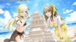  2girls amano_misaki assault_lily bare_shoulders beach bikini bird black_bikini black_choker black_ribbon black_sarong blonde_hair blue_sky blunt_bangs blush breasts brown_hair building_sand_sculpture choker cleavage cloud commentary_request copyright_notice cumulonimbus_cloud day detached_sleeves floral_print flower frilled_bikini frilled_wrist_cuffs frills grin hair_between_eyes hair_flower hair_ornament hand_up hands_up heterochromia holding holding_paintbrush holding_trowel horizon jewelry kneeling kuo_shenlin light_particles long_hair looking_at_object low-tied_sidelocks low_ponytail medium_breasts multiple_girls navel ocean official_alternate_costume official_alternate_hairstyle one_eye_closed open_mouth outdoors paintbrush parted_lips pink_eyes pointing pointing_at_object ponytail print_sarong purple_teeth raised_eyebrows ribbon ribbon_choker ring sand_castle sand_sculpture sarong seagull see-through_clothes see-through_sarong see-through_shirt shirt short_sleeves sidelocks sky smile stomach striped_ribbon sunlight swimsuit tachihara_sayu tied_shirt trowel very_long_hair white_shirt wrist_cuffs yellow_bikini yellow_eyes yellow_flower yellow_sarong 