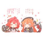  2girls 2others :3 ammunition animal animal_on_back asymmetrical_gloves black_hat black_horns black_jacket black_sailor_collar blush cardigan closed_eyes commentary_request dragon_girl dragon_horns dress fidgeting fingerless_gloves flower gloves gun hair_ornament hat hearing_aid horns jacket kamanosuke_(zenless_zone_zero) long_hair magus_(zenless_zone_zero) mechanical_horns mechanical_tail mismatched_gloves multiple_girls multiple_others open_mouth orange_hair orphie_magnusson pink_cardigan pointy_ears raccoon rebecca_(keinelove) red_hair ribbon sailor_collar single_fingerless_glove sphere_hair_ornament tail talking tanuki translation_request twintails ukinami_yuzuha waving weapon white_background white_ribbon yellow_gloves zenless_zone_zero zipper_dress 