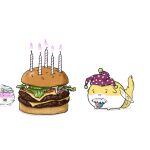  :3 american_flag american_flag_print blue_hat burger candle clownpiece commentary cuneigram flag_print food full_body glutton hat jester_cap mob_cap no_humans polka_dot_headwear purple_hat saigyouji_yuyuko simple_background sukusuku_hakutaku touhou triangular_headpiece variant_set white_background wings 
