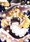  1girl absurdres anime_coloring apron blonde_hair blush bow braid combat2000_(kuroneko) commentary_request hand_on_own_hip hat hat_bow highres kirisame_marisa long_hair looking_at_viewer short_sleeves side_braid single_braid solo star_(sky) star_(symbol) starry_sky_background touhou v-shaped_eyebrows waist_apron white_apron white_bow witch_hat yellow_eyes 
