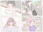  4girls :d :o above-cleavage_cutout ahoge alfaromio anyoji_hime anyoji_hime_(hasu_no_shoushihenkei_no_kyuujitsu) black_hair blonde_hair blue_eyes blunt_bangs blunt_ends blush bob_cut braid breasts brown_hair center-flap_bangs clothing_cutout collarbone commentary_request food gradient_hair green_eyes grey_hair grey_kimono grey_shirt hair_ornament hasu_no_shoushihenkei heart heart-shaped_pupils heart_ahoge heart_necklace highres holding holding_spoon ice_cream japanese_clothes jellyfish_cut jewelry kachimachi_kosuzu katsuragi_izumi katsuragi_izumi_(hasu_no_shoushihenkei_no_kyuujitsu) kimono long_hair love_live! love_live!_hasu_no_sora_jogakuin_school_idol_club medium_breasts momose_ginko multi-tied_hair multicolored_hair multiple_girls naked_towel necklace onsen open_mouth outdoors pink_hair ponytail purple_shirt shirt short_hair short_sleeves side_ahoge side_braids single_bare_shoulder single_off_shoulder smile spoon symbol-shaped_pupils towel triangle_hair_ornament v-shaped_eyebrows virtual_youtuber 