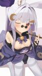  1girl absurdres animal_ear_fluff animal_ears bare_shoulders bell black_leotard blue_kimono blush bow bowtie breasts carrot_hair_ornament commission crescent crescent_hair_ornament elbow_gloves food-themed_hair_ornament gloves hair_ornament highres holding holding_smoking_pipe japanese_clothes jingle_bell kimono leotard long_hair looking_at_viewer neck_bell nipples obi one_eye_closed original pantyhose parted_lips partner_(kprtnr) ponytail purple_bow purple_bowtie rabbit_ears red_eyes sash shadow sidelocks simple_background sitting smoking_pipe solo sweat thighband_pantyhose white_hair white_pantyhose yamanashi_kiwako_(ac8231) 