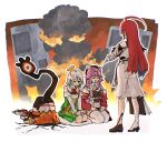 4girls absurdres advarcher ahoge animal_ears ascot building cecilia_immergreen cecilia_immergreen_(1st_costume) colored_inner_hair commentary crack cracked_floor destruction detached_collar detached_sleeves doll_joints elizabeth_rose_bloodflame elizabeth_rose_bloodflame_(1st_costume) english_commentary fire gigi_murin gigi_murin_(1st_costume) green_eyes green_hair grey_hair hat highres holojustice hololive hololive_english in_trouble_template_(meme) joints long_hair meme multicolored_hair multiple_girls panther_ears panther_girl pink_hair raora_panthera raora_panthera_(1st_costume) red_ascot red_hair seiza short_hair shorts sitting smoke spongebob_squarepants_(series) streaked_hair through_ground two-tone_hair virtual_youtuber winding_key 