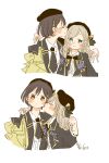  2girls 6th_live_dream_~bloom_garden_party~ a_deru_note beret black_bow black_bowtie black_hat black_jacket blue_eyes blush bow bowtie center_frills ceras_yanagida_lilienfeld closed_mouth collared_shirt commentary frilled_shirt frills hair_ornament hat jacket jitome kase_(ks_lys) katsuragi_izumi kiss kissing_cheek kissing_head love_live! love_live!_hasu_no_sora_jogakuin_school_idol_club multiple_girls open_clothes open_jacket orange_eyes romaji_commentary shirt simple_background theater_ikizama triangle_hair_ornament twitter_username white_background white_shirt yuri 