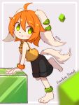  1girl :3 :p ;p ahoge anklet armlet black_jumpsuit black_nose character_name chinese_knot commentary copyright_name cube dog_girl dog_tail freedom_planet freedom_planet_2 from_side full_body furry furry_female green_eyes grey_background highres jewelry jumpsuit milla_basset one_eye_closed orange_hair outline romper short_hair sleeveless_jumpsuit solo tail tongue tongue_out usui_yuki white_fur white_outline 