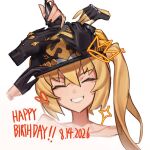  1girl black_gloves black_helmet blonde_hair blush burnice_white caesar_king_(zenless_zone_zero) closed_eyes collarbone combat_helmet dated fingerless_gloves gloves happy_new_year helmet highres lighter_(zenless_zone_zero) long_hair luciana_de_montefio mrdog_2000 piper_wheel portrait pulchra_fellini side_ponytail simple_background smile white_background zenless_zone_zero 