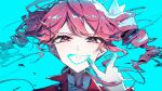  aqua_background aqua_facepaint aqua_nails bow collared_jacket commentary_request double-parted_bangs drill_hair hair_between_eyes hair_ornament highres jacket kasane_teto kasane_teto_(sv) kasane_teto_no_reishou_(synthesizer_v) looking_at_viewer oda_kogane paint_on_fingers portrait red_eyes red_hair ribbon simple_background synthesizer_v twin_drills utau white_bow white_ribbon x_hair_ornament 