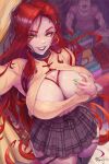  1boy 1girl black_thighhighs breasts character_request cleavage cleavage_cutout clothing_cutout colored_eyelashes commission copyright_request earrings facial_hair from_above gold_earrings green_eyes green_nails grin highres jewelry large_breasts looking_at_viewer market_stall mustache pappaserho red_hair selfie skirt smile solo_focus tented_shirt thighhighs 