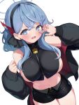  1girl ako_(blue_archive) ako_(zozotown)_(blue_archive) alternate_costume arm_up bell black_jacket black_shorts blue_archive blue_eyes blue_hair blue_halo blush breasts commentary_request cowbell crossed_bangs earrings hair_between_eyes halo highres jacket jacket_partially_removed jellyfish_cut jewelry large_breasts long_hair long_sleeves looking_at_viewer medium_hair midriff navel neck_bell open_mouth shinori_(efvbji6264) short_shorts shorts sideboob sideless_outfit sideless_shirt solo stud_earrings white_background zipper zozotown 