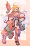  1boy 1girl ahoge android baggy_pants baseball_cap black_shirt blonde_hair blue_eyes breasts cave_story closed_mouth colored_skin commentary_request crop_top curly_brace full_body gun hat highres holding holding_gun holding_weapon long_hair looking_at_viewer midriff open_mouth pants quote_(cave_story) red_hat red_tank_top robot_ears shirt sleeveless sleeveless_shirt smile tank_top usapenpen2019 weapon white_skin 